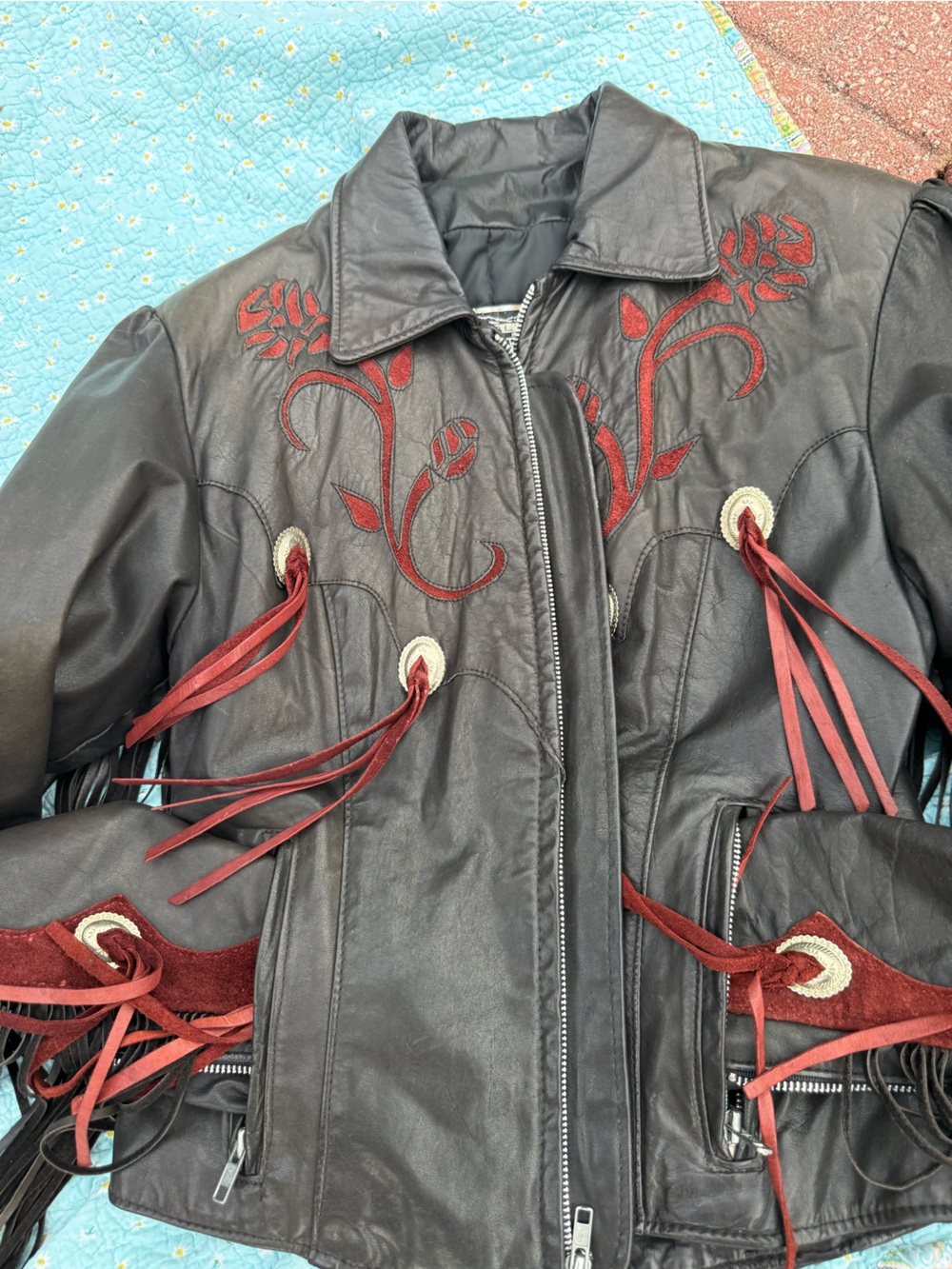 Black Vintage Motorcycle Leather Fringe Jacket with Red suede embossed detail. - Picture 10 of 10